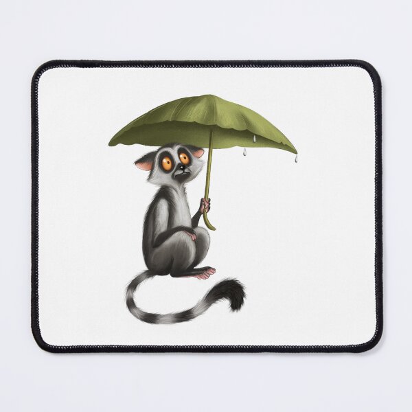 Item preview, Lemur sitting under a large leaf umbrella looking surprised on a rainy day in a tropical setting designed and sold by Ms. Iryna.