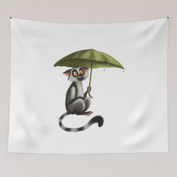 Item preview, Lemur sitting under a large leaf umbrella looking surprised on a rainy day in a tropical setting designed and sold by Ms. Iryna.