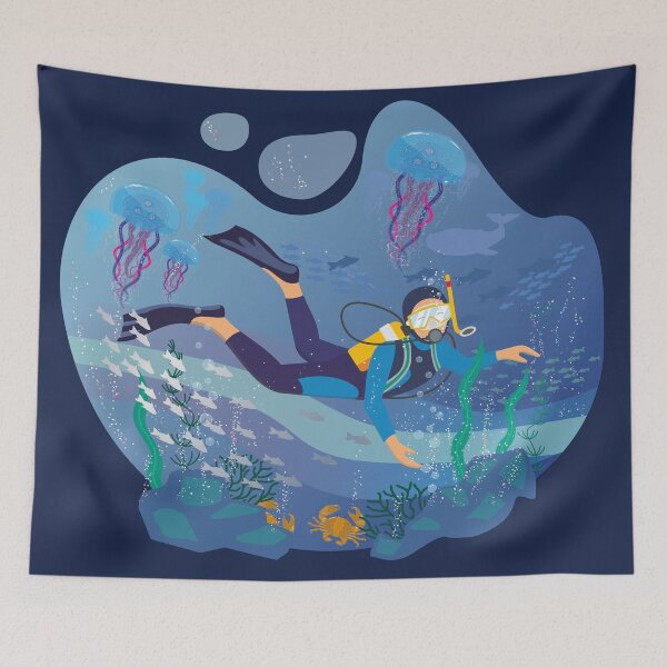 Item preview, Underwater Discovery – Scuba Diver and Ocean Life Illustration designed and sold by MerchYouSearch.