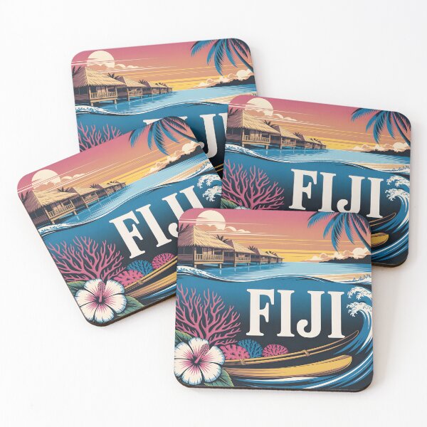 Item preview, Fiji Travel Poster: Vintage Overwater Bures, Coral Reefs & Serene Beaches designed and sold by LSVart.