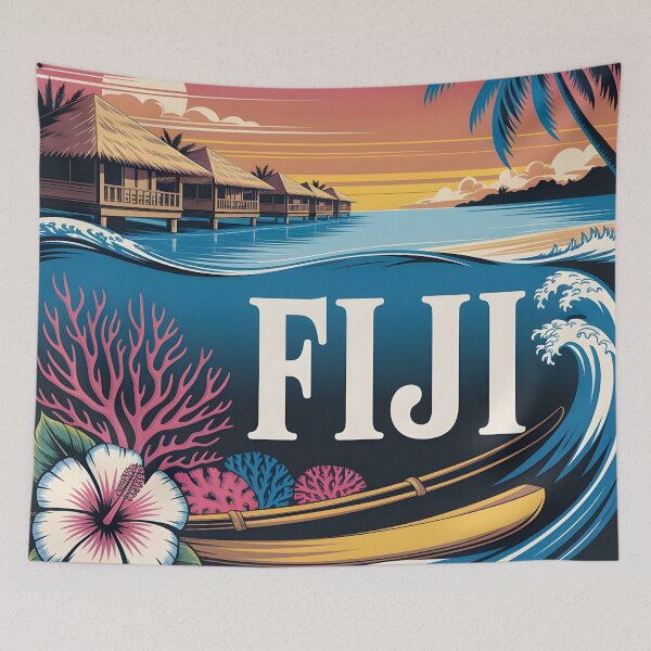 Item preview, Fiji Travel Poster: Vintage Overwater Bures, Coral Reefs & Serene Beaches designed and sold by LSVart.