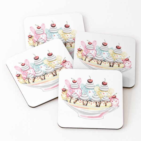 Item preview, A delicious banana split with sweet bunny, cat and bear ice cream, topped with cream, chocolate, cherries and red heart sprinkles, in a pretty dessert bowl designed and sold by katecheerycake.