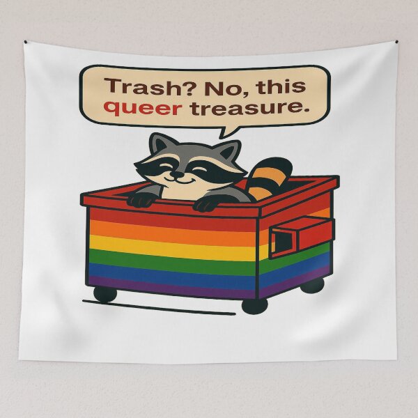 Item preview, Queer Treasure Raccoon in Rainbow Bin designed and sold by Owcomm.