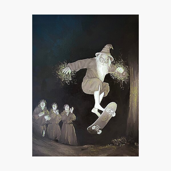 Aperçu de l'œuvre Un sorcier fait un kickflip radical (peinture à l'huile) créée et vendue par Cal1kath.