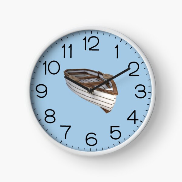 Rustic wooden rowboat on calm blue Clock