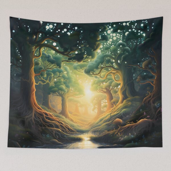 Aperçu de l'œuvre Mystic Grove: Towering Trees in Luminous Reverie créée et vendue par DrawnThreads.