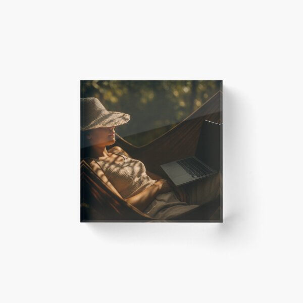 Item preview, Woman resting with laptop in hammock designed and sold by soulofalion.