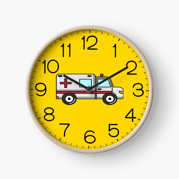 Cartoon ambulance on yellow background Clock