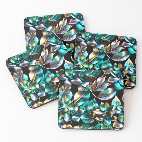 Item preview, Metallic 3D Teal and Gold Floral Pattern on Black | Futuristic Botanical Art designed and sold by Juliette Ozkalfayan.
