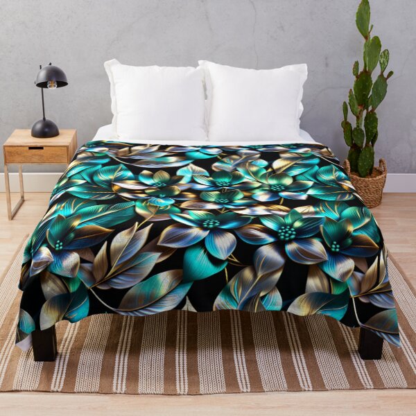 Item preview, Metallic 3D Teal and Gold Floral Pattern on Black | Futuristic Botanical Art designed and sold by Juliette Ozkalfayan.