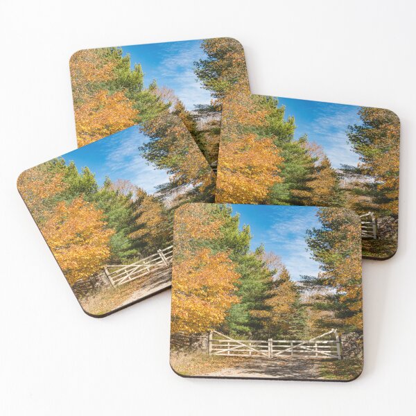 Item preview, Autumn scene with a wooden gate in front of a dirt road designed and sold by Roxane Bay.