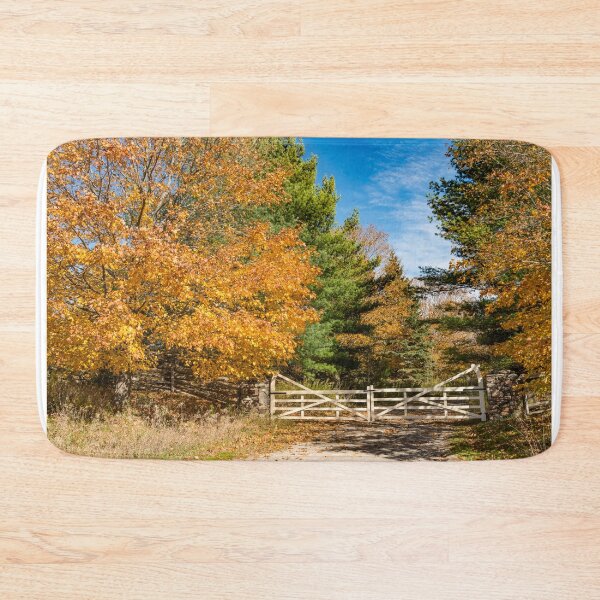 Item preview, Autumn scene with a wooden gate in front of a dirt road designed and sold by Roxane Bay.