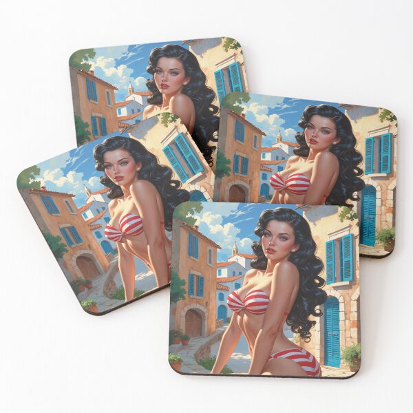 Item preview, French Brunette Pin-up in Red and White Bikini Mediterranean Village designed and sold by elissiart.