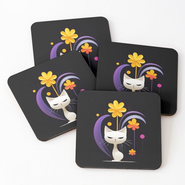 Item preview, Minimalist White Cat with Bold Flowers on Black Background designed and sold by PaintbrushPlace.
