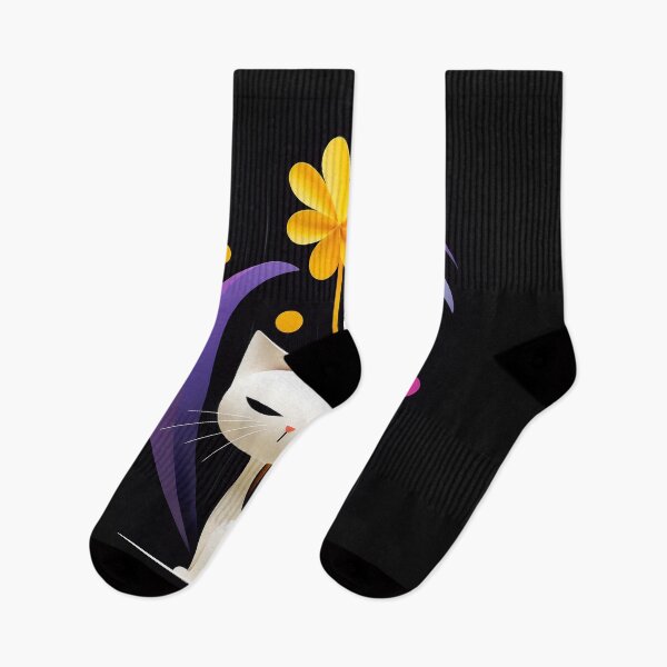 Item preview, Minimalist White Cat with Bold Flowers on Black Background designed and sold by PaintbrushPlace.