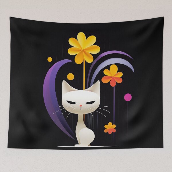 Item preview, Minimalist White Cat with Bold Flowers on Black Background designed and sold by PaintbrushPlace.