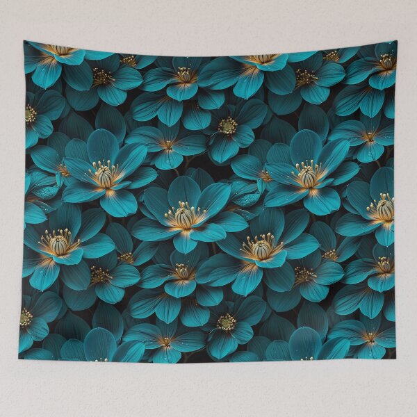 Item preview, Hyper-Realistic Teal Dewdrop Flowers | Botanical Art Photography on Black designed and sold by Juliette Ozkalfayan.