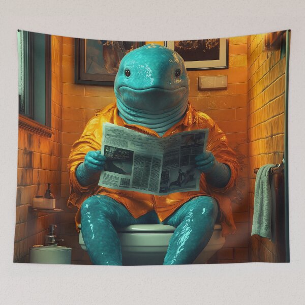 Item preview, Blue Whale Wearing Jacket Reading Paper Inside Steamy Orange Bathroom designed and sold by odcpappels.