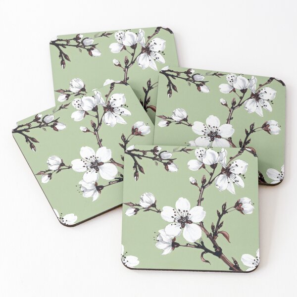 Item preview, Delicate white blossoms with dark centers bloom on brown branches against a soft green background, forming a serene floral pattern designed and sold by homydesign.