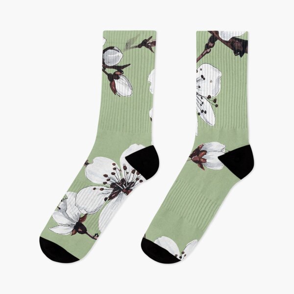 Item preview, Delicate white blossoms with dark centers bloom on brown branches against a soft green background, forming a serene floral pattern designed and sold by homydesign.