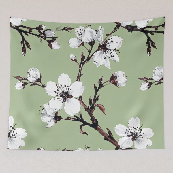 Item preview, Delicate white blossoms with dark centers bloom on brown branches against a soft green background, forming a serene floral pattern designed and sold by homydesign.