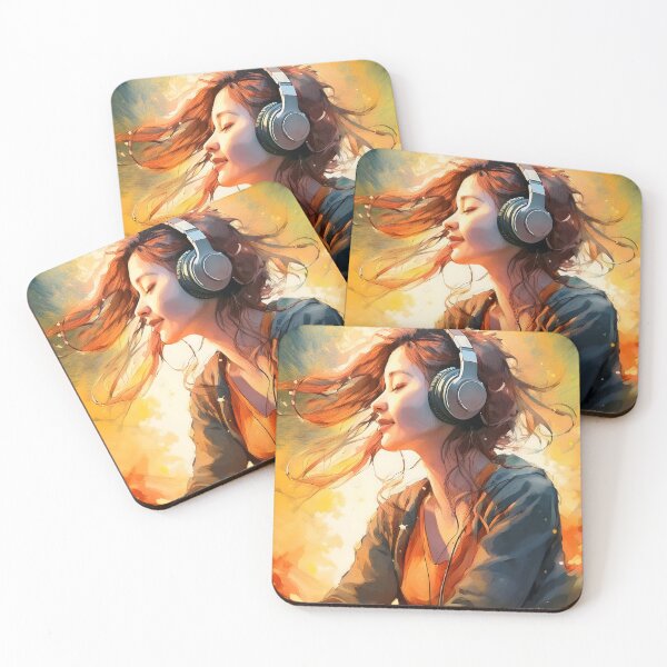 Item preview, An artistic illustration of a young woman with headphones, eyes closed, enjoying music with warm, glowing light designed and sold by homydesign.