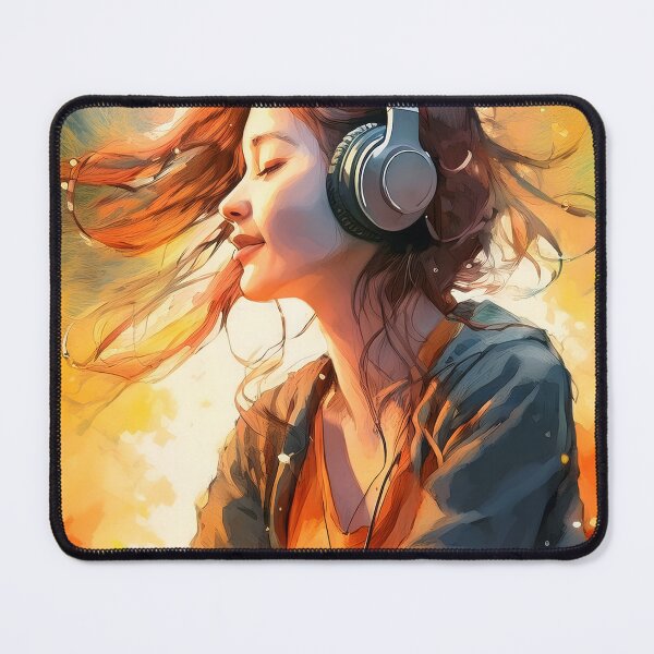 Item preview, An artistic illustration of a young woman with headphones, eyes closed, enjoying music with warm, glowing light designed and sold by homydesign.