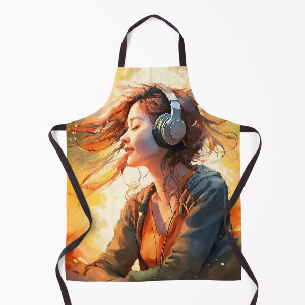 Item preview, An artistic illustration of a young woman with headphones, eyes closed, enjoying music with warm, glowing light designed and sold by homydesign.