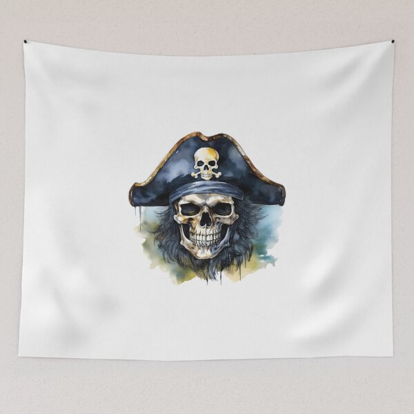 Item preview, A pirate skull with a hat, showcasing a whimsical style and watercolor textures against a white background with color splashes designed and sold by homydesign.