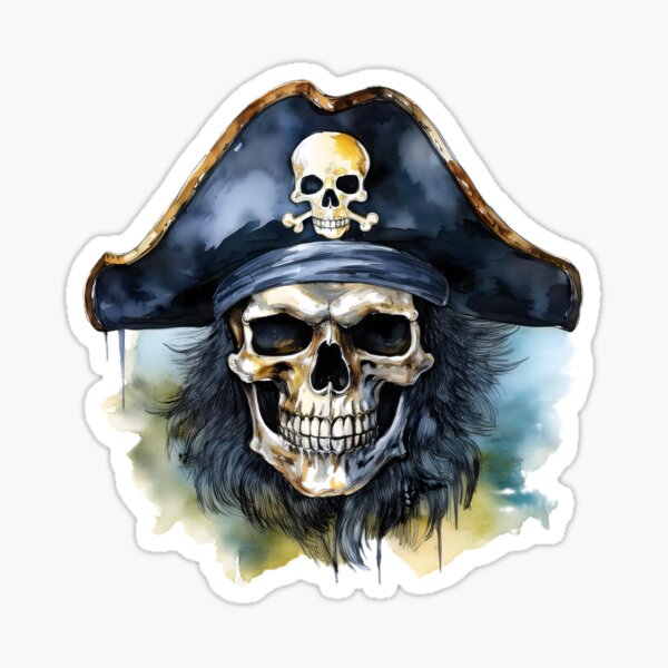 Item preview, A pirate skull with a hat, showcasing a whimsical style and watercolor textures against a white background with color splashes designed and sold by homydesign.