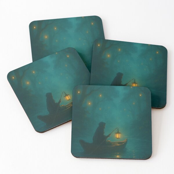 Item preview, Solitary Boatman with Lamp | Midnight River Crossing Scene | Mysterious Night Journey Design | Tranquil Waters and Guiding Light | Poetic River Passage Illustration designed and sold by PaintedPixels01.