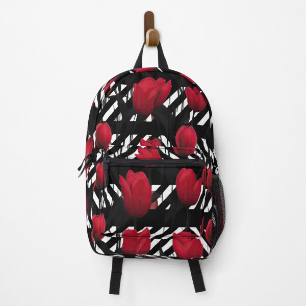 Item preview, Red Tulips on Geometric Black and White Background – Bold Floral Contrast Design designed and sold by PaintbrushPlace.