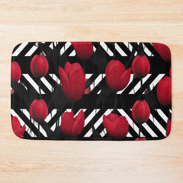 Item preview, Red Tulips on Geometric Black and White Background – Bold Floral Contrast Design designed and sold by PaintbrushPlace.