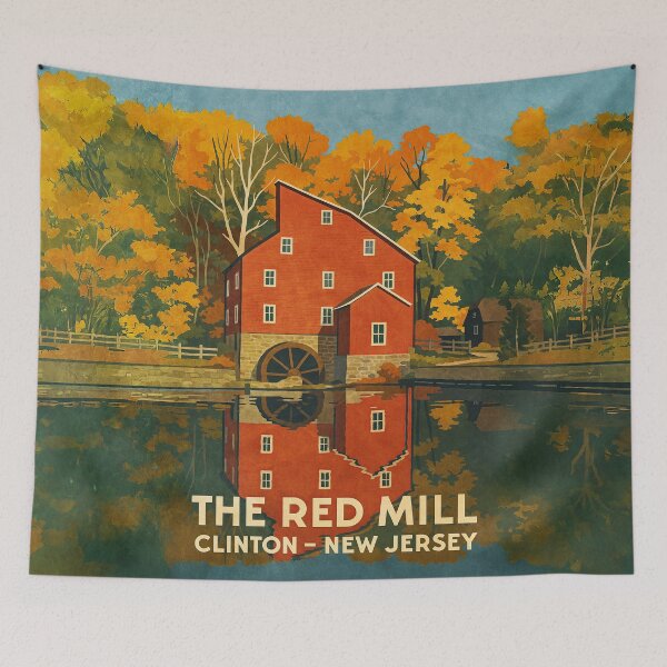 Item preview, Autumn at the Red Mill – Vintage Clinton, NJ Travel Poster designed and sold by thaneydesign.