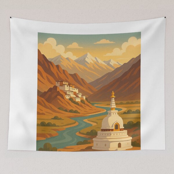 Item preview, Ladakh Sunset Valley with River and White Stupa designed and sold by Aryabek.