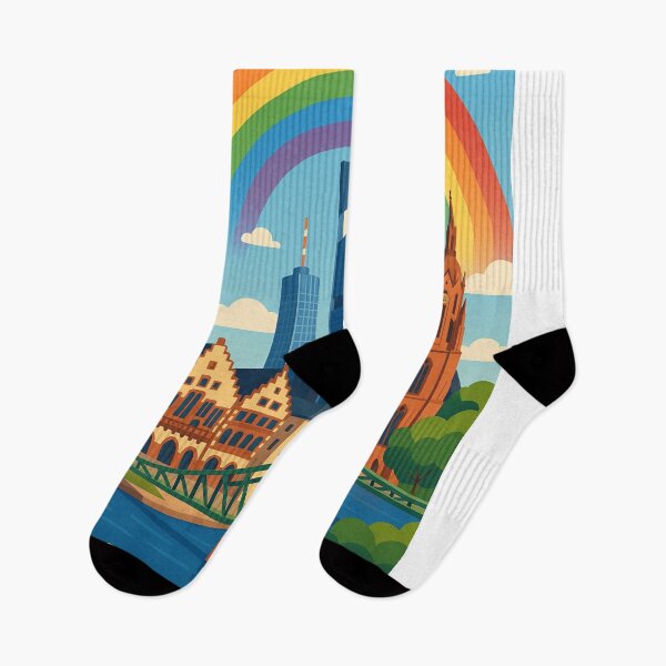Item preview, Frankfurt Pride Rainbow Skyline with Römer and Cathedral View designed and sold by Aryabek.