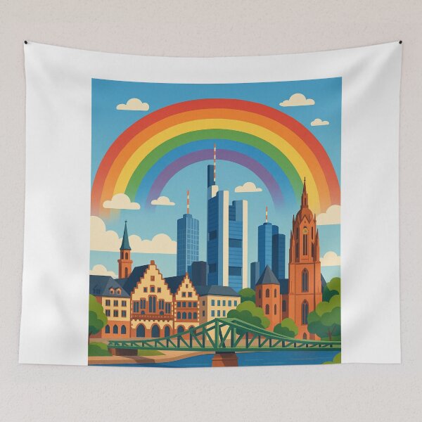 Item preview, Frankfurt Pride Rainbow Skyline with Römer and Cathedral View designed and sold by Aryabek.