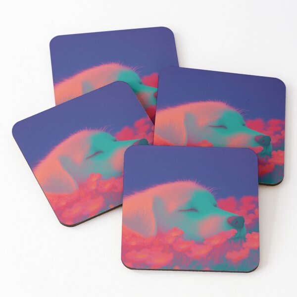 Item preview, Dreamy Neon Puppy Sleeping in Poppy Field – Vapourware Dog Art Print designed and sold by Art of Ngu.