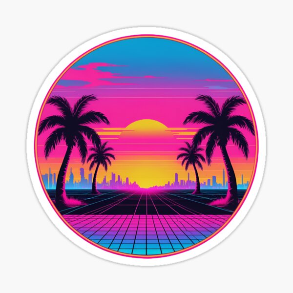 Vista previa del artículo con la obra «Synthwave de neón al atardecer: diseño retro de los 80», diseñado y vendido por Aetspire tees.