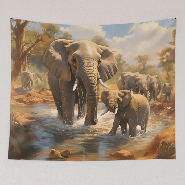 Aperçu de l'œuvre Gentle Giants at Play: The Elephant Water Dance créée et vendue par DrawnThreads.