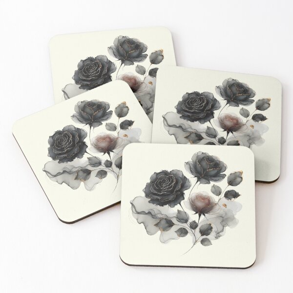 Artikelvorschau, Elegante schwarze Rosen mit goldenen Details – Abstrakte florale Tuschekunst entworfen und verkauft von asudesign.