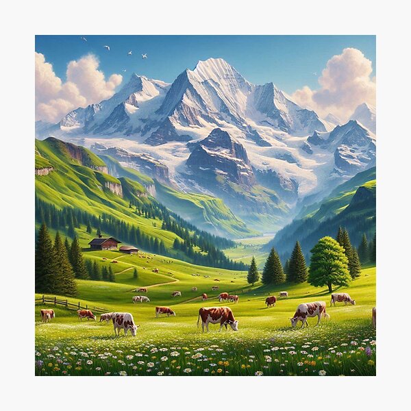 Item preview, Swiss Alps Summer Landscape – Cows, Meadows, and Snowy Peaks designed and sold by FineArtsPro.