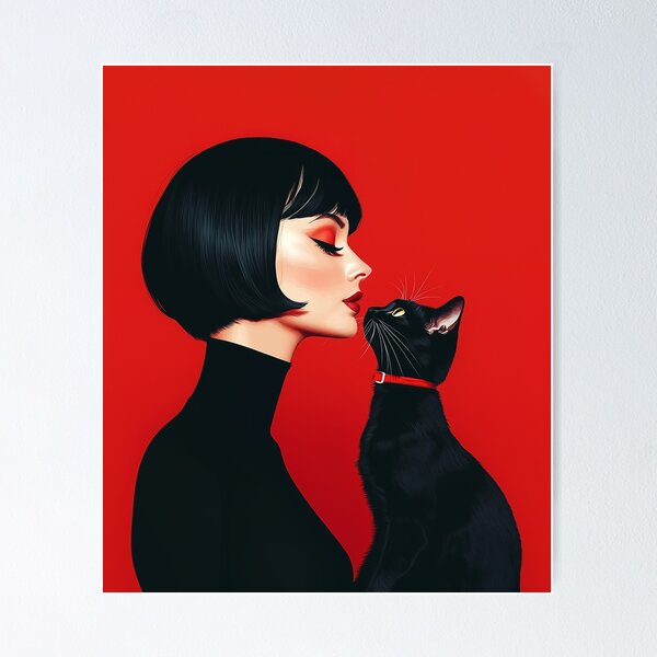 Item preview, Chic Woman and Black Cat on Red – Bold Minimalist Pop Art Print designed and sold by Art of Ngu.