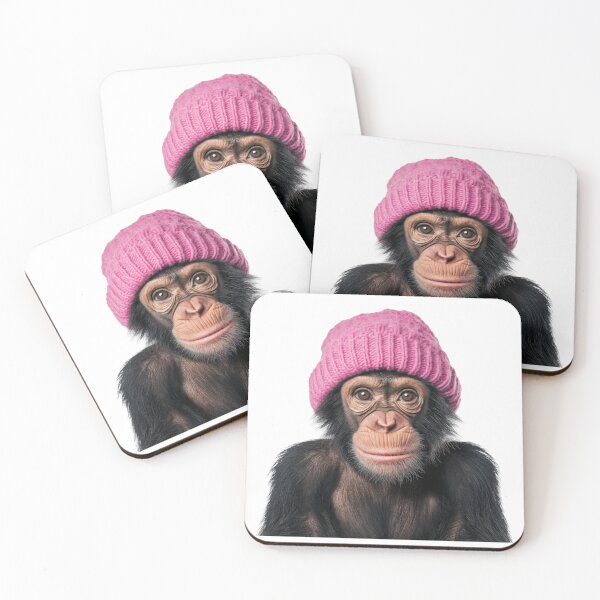 Item preview, Cozy Chimpanzee Wearing Pink Winter Hat Trendy Animal Fashion Artwork designed and sold by LazyOwlStore.