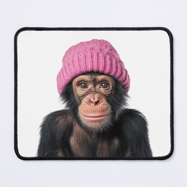 Item preview, Cozy Chimpanzee Wearing Pink Winter Hat Trendy Animal Fashion Artwork designed and sold by LazyOwlStore.