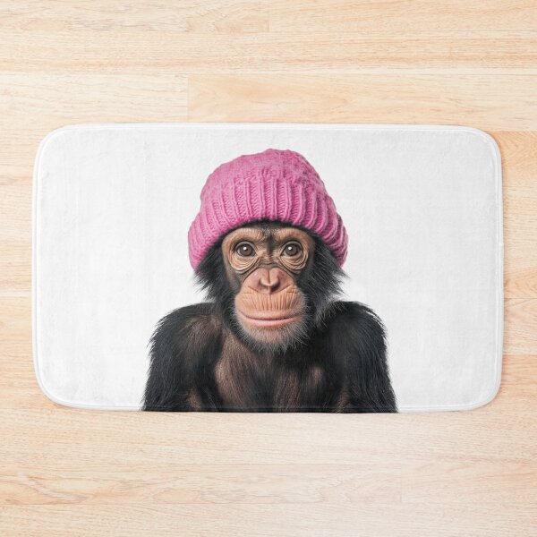 Item preview, Cozy Chimpanzee Wearing Pink Winter Hat Trendy Animal Fashion Artwork designed and sold by LazyOwlStore.