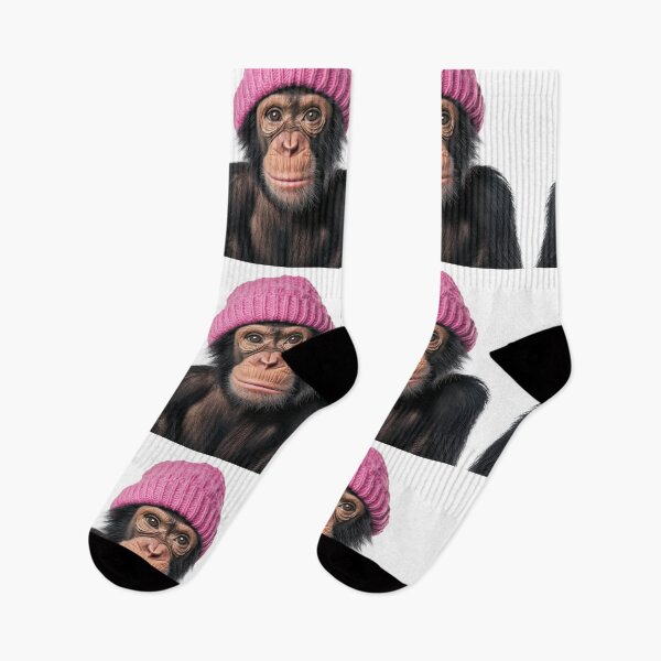 Item preview, Cozy Chimpanzee Wearing Pink Winter Hat Trendy Animal Fashion Artwork designed and sold by LazyOwlStore.
