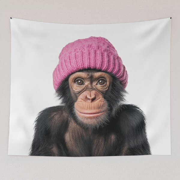 Item preview, Cozy Chimpanzee Wearing Pink Winter Hat Trendy Animal Fashion Artwork designed and sold by LazyOwlStore.