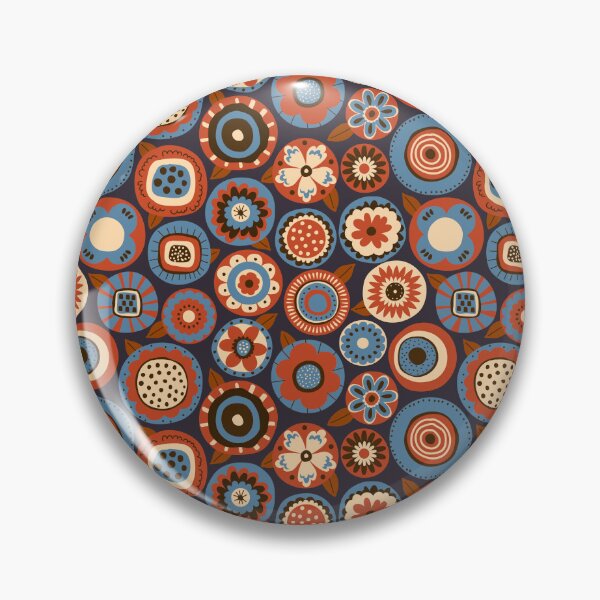 Item preview, retro scandi folk art blooms in brown terracotta dusty blue on dark navy designed and sold by artgeige.