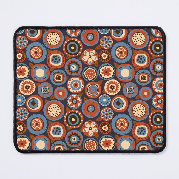 Item preview, retro scandi folk art blooms in brown terracotta dusty blue on dark navy designed and sold by artgeige.